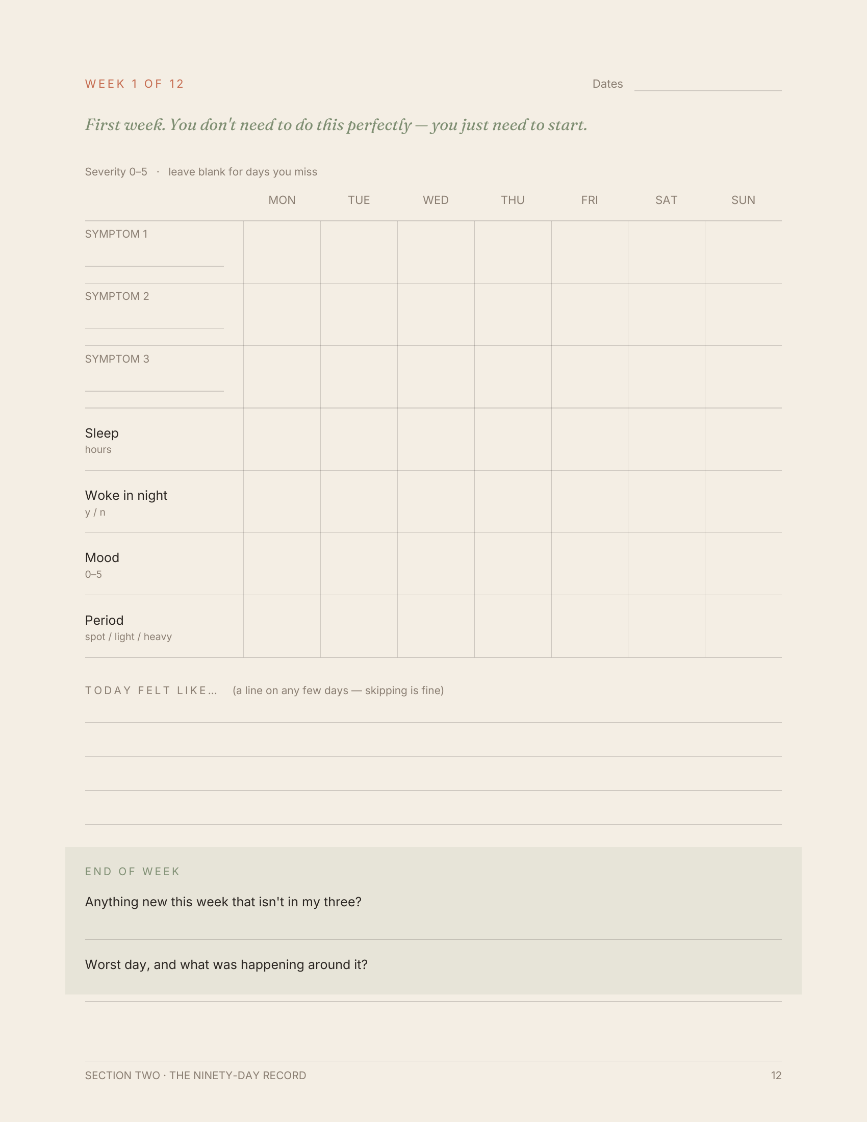 Sample weekly tracker page from the Prep Kit